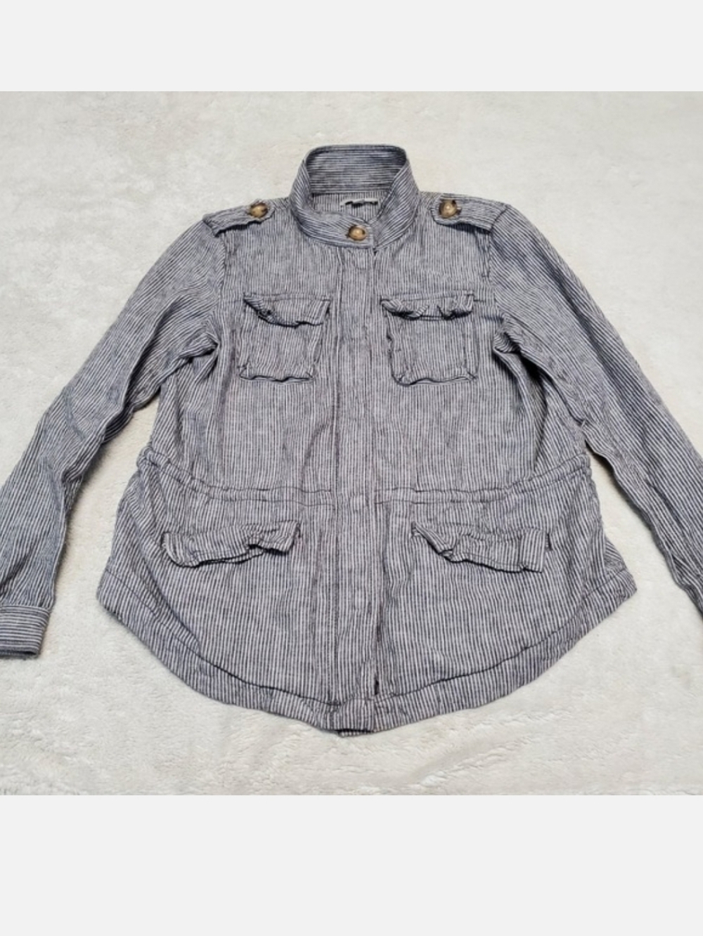 Loft Gray White Striped Utility Zipper Linen Top Blouse Women Small Petite‎ Boho